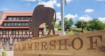 Holzschild mit Bison und Schriftzug Lammershof vor dem historischen Landhotel