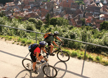 Zwei Radfahrer fahren auf einem Weg oberhalb der Altstadt.