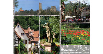 Postkarte mit Stadtansichten von Weinheim mit grauem Hintergrund