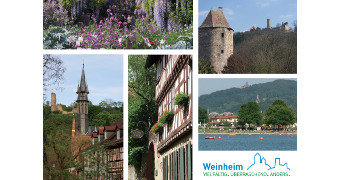Postkarte mit Stadtansichten von Weinheim mit weißem Hintergrund