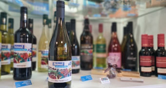 Weinflasche im Hintergrund sieht man unscharf weitere Flaschen