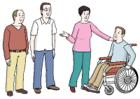 3 stehende Personen und ein Mann im Rollstuhl