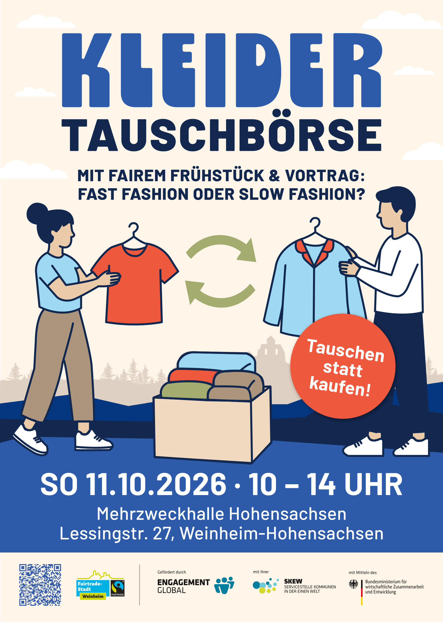 Plakatmotiv Kleidertauschbörse Bildmotiv mit zwei Menschen die Kleider tauschen