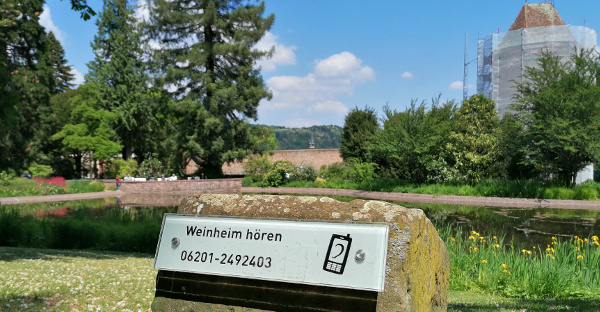 Schild mit Telefonnummer für telefonische Stadtführungen auf dem Stein am Schlosspark-Teich