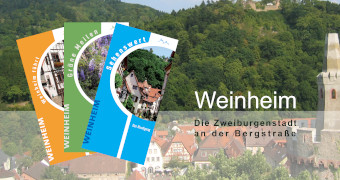 Cover der drei Prospekte Sehenswert, Grüne Meilen und Weinheim führt vor Stadtpanorama