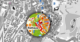 Innenstadtplan mit farblicher Hervorhebung des Bereichs Rathaus Schloss