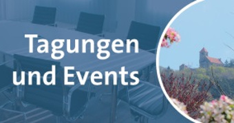 Weiße Schrift (Tagungen und Events) auf blauem Grund mit rundem Bild der Wachenburg rechts