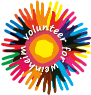 Logo - Volunteer for Weinheim; Bunte Hände bilden eine bunte Sonne
