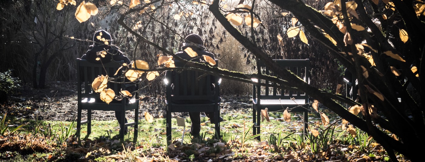 Hermannshof im Herbst Männer auf Stühlen genießen den Ausblick